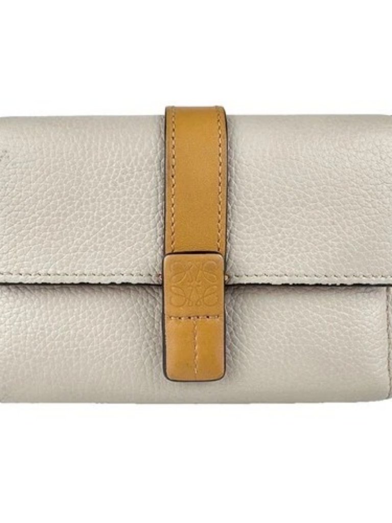 Auth Loewe Vertical Wallet Small Trifold Wallet Light Greige/Brown Leather Z9127